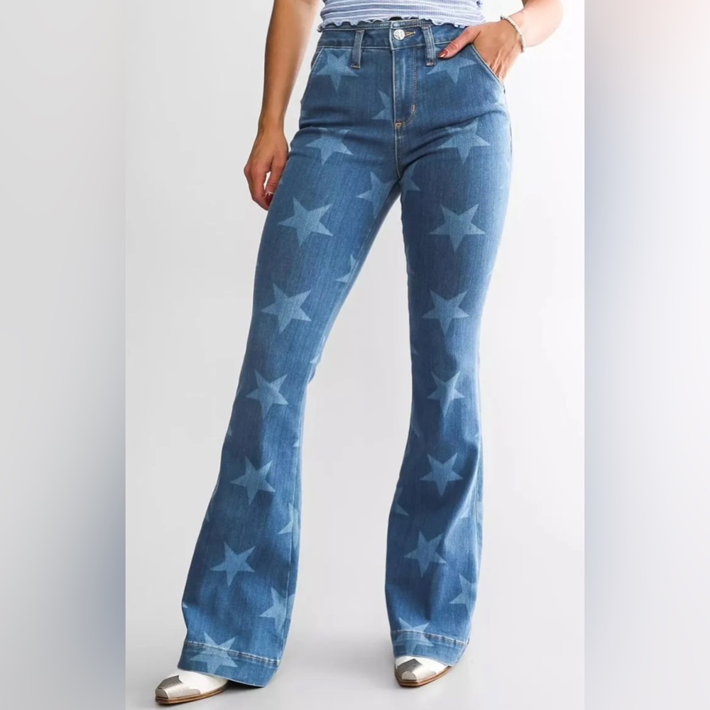 Miss Me Women’s High Rise Star Print Trouser Jeans Stretch Hem Flare NWT